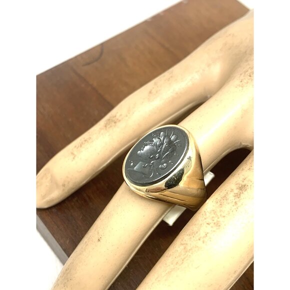 Hematite Cocktail Signet Ring 10k Gold Estate Jewelry Vintage Unisex Size 9 - Picture 13 of 14